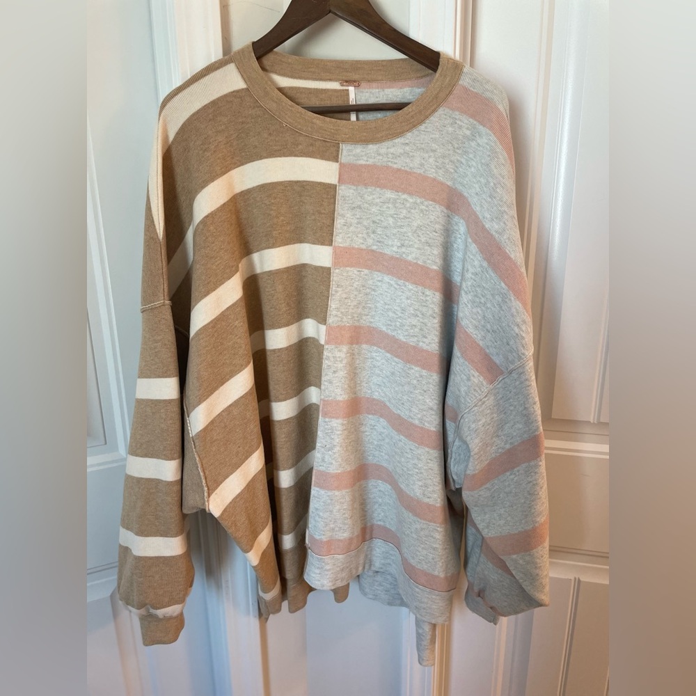 Free People Tan and Pink Striped Sweater